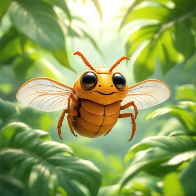 The primary subject of the image is a yellow and black bee with a smile on its face. The bee is flying in front of a lush green forest, creating a vibrant and cheerful atmosphere. The visual style of the image is a combination of photo and digital art, giving it a unique and eye-catching appearance. The colors and mood of the image are predominantly yellow and green, with the bee's smile adding a sense of happiness and playfulness to the scene.